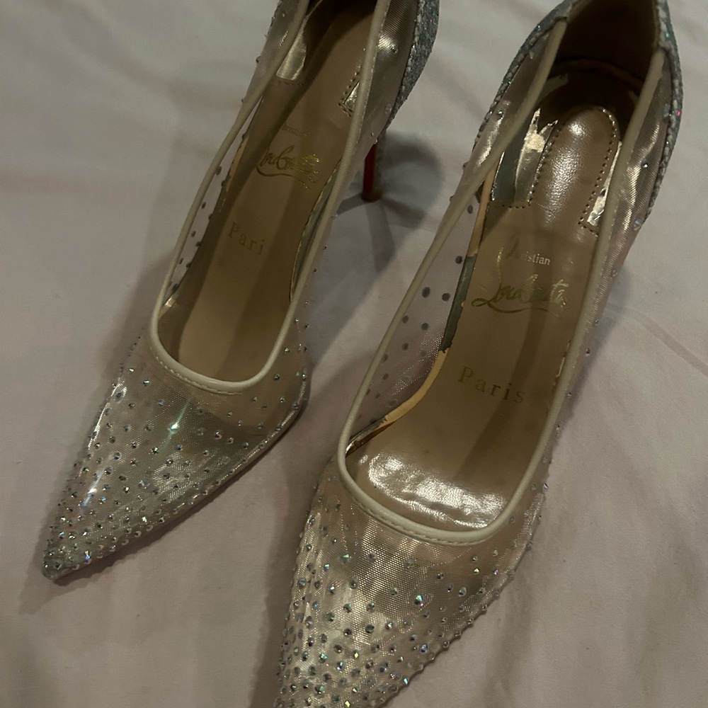 Christian Louboutin Clear Crystal-Embellished Pointed Toe Pumps with Red Sole